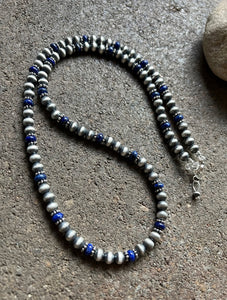 Sterling Silver Blue Lapis W 6mm Pearls Bead Necklace. 24 inch