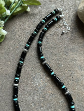 Load image into Gallery viewer, Sterling Silver Graduated Black Onyx Turquoise Bead Necklace. 20 Inch
