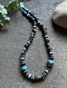 Sterling Silver Turquoise Nuggets W Purple Spiny Oyster Bead Necklace 19 inch