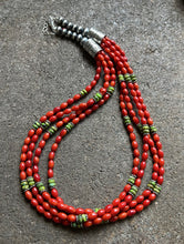 Load image into Gallery viewer, Sterling Silver Multi Strand Coral Green Turquoise Bead Necklace 22 Inch