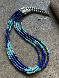 Sterling Silver Multi Strand Stone Lapis Turquoise Bead Necklace. 24 inch