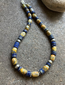 Sterling Silver Bumblebee Jasper Lapis Pearls Bead Necklace. 18 inch