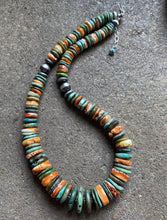 Load image into Gallery viewer, Sterling Silver Graduated Green Turquoise Spiny Oyster Bead Necklace 19 inch