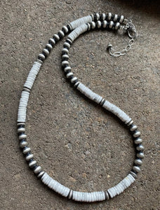 Sterling Silver White Buffalo Turquoise W Navajo Pearls Bead Necklace. 18 inch