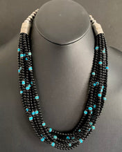 Load image into Gallery viewer, Sterling Silver Multi Strand Black Onyx with Turquoise Bead Necklace. 24 Inch