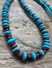 Load image into Gallery viewer, Sterling Silver Purple Spiny Oyster with Turquoise Bead Necklace. 22 inch