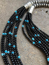 Load image into Gallery viewer, Sterling Silver Multi Strand Black Onyx with Turquoise Bead Necklace. 24 Inch