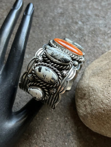 Navajo Sterling Silver Spiny Oyster White Buffalo Turquoise Cuff Bracelet. CY