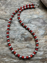 Load image into Gallery viewer, Sterling Silver Stamped Pearls Coral Bead Necklace 18 inch