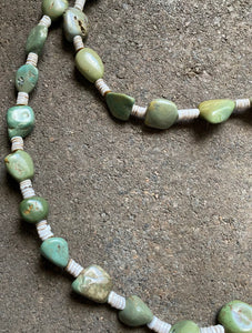 Sterling Silver Green Turquoise Nuggets with Heishi Bead Necklace. 36 inch