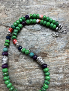 Sterling Silver Green Turquoise Multi Stone Bead Necklace. 19 inch. Gift