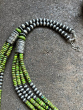 Load image into Gallery viewer, Sterling Silver Multi Strand Green Turquoise W Pearls Bead Necklace. 28 inch