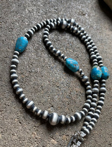 Sterling Silver Turquoise W Pearls Bead Necklace. 25 inch