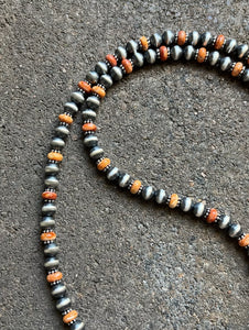 Sterling Silver Orange Spiny Oyster with 6mm Pearls Bead Necklace. 22 inch