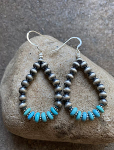 Sterling Silver Blue Turquoise W Pearls Bead Loop Earrings.