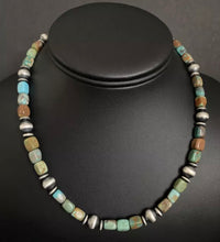 Load image into Gallery viewer, Sterling Silver Blue Green Turquoise W Navajo Pearls Bead Necklace 16 inch