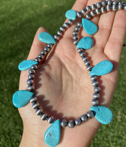 Sterling Silver Turquoise W Navajo Pearls Bead Necklace. 16 inch