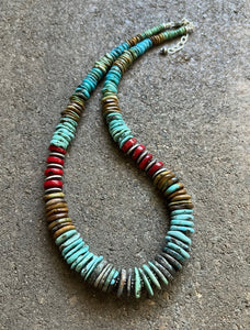 Sterling Silver Blue Green Turquoise W Red Coral Bead Necklace 19 Inch