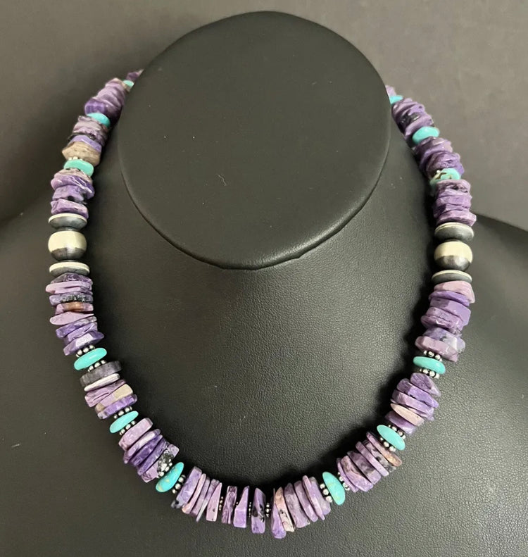 Sterling Silver Charoite Turquoise Bead Necklace. 18 Inch