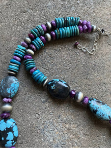 Sterling Silver Dyed Sugilite Turquoise W Navajo Pearls Bead Necklace. 22 inch