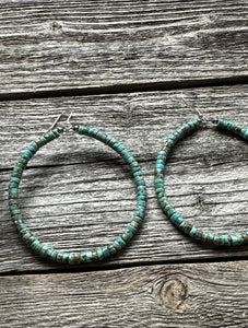 Sterling Silver Heishi Turquoise W Pearls Bead Hoop Earrings. 3 Inch