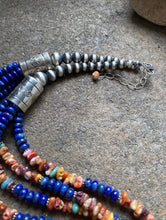 Load image into Gallery viewer, Sterling Silver Multi Strand Lapis Spiny Oyster Bead Necklace. 24 inch