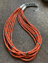 Load image into Gallery viewer, Sterling Silver Multi Strand Orange Coral W Turquoise Bead Necklace. 24 inch