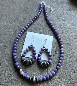 Sterling Silver Purple Charoite Bead Necklace W Earrings Set. Gift 18 Inch