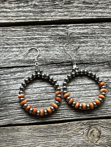 Sterling Silver Orange Spiny Oyster W Pearls Bead Hoop Earrings. 2.25 Inch.