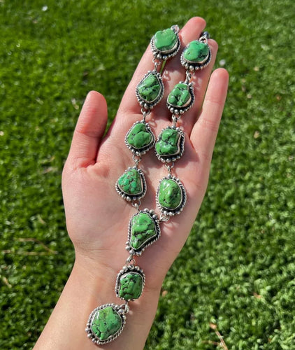 Navajo Sterling Silver Green Sonoran Gold Turquoise Nuggets Lariat Necklace. KY