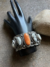 Load image into Gallery viewer, Navajo Sterling Silver Spiny Oyster White Buffalo Turquoise Cuff Bracelet. CY