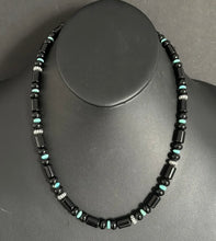 Load image into Gallery viewer, Sterling Silver Graduated Black Onyx Turquoise Bead Necklace. 20 Inch
