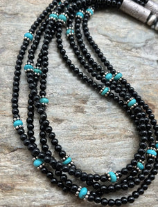 Sterling Silver Multi Strand Black Onyx with Turquoise Bead Necklace. 22 Inch
