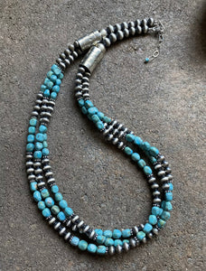 Sterling Silver Multi Strand Turquoise W Navajo Pearls Bead Necklace. 22 inch