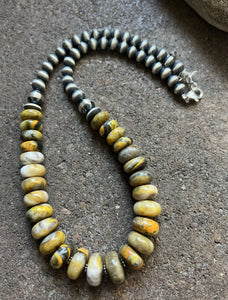 Sterling Silver Graduated Bumblebee Jasper W Pearls Bead Necklace. 18 inch