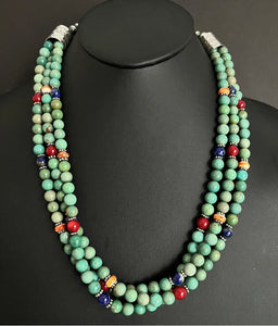 Sterling Silver Green Turquoise Multi Strand Multi Stone Bead Necklace. 24 inch