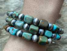 Load image into Gallery viewer, Sterling Silver Blue Green Turquoise Navajo Pearls Wrap Spiral Bead Bracelet