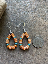 Load image into Gallery viewer, Sterling Silver Spiny Oyster Blue Turquoise Bead Loop Earrings.
