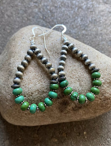 Sterling Silver Green Turquoise W Pearls Bead Loop Earrings.