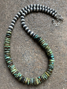 Sterling Silver Graduated Green Turquoise Bead Necklace. 18 inch