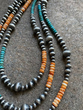 Load image into Gallery viewer, Sterling Silver Layered Spiny Oyster Turquoise Bead Necklace. 18-22 inch