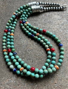 Sterling Silver Green Turquoise Multi Strand Multi Stone Bead Necklace. 24 inch