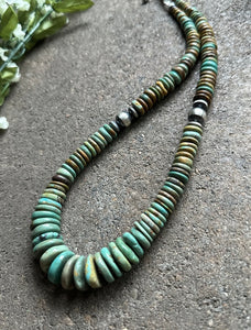 Sterling Silver Graduated Green Turquoise Bead Necklace. 19 inch