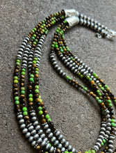 Load image into Gallery viewer, Sterling Silver Multi Strand Green Turquoise Tigers Eye Bead Necklace. 24 inch