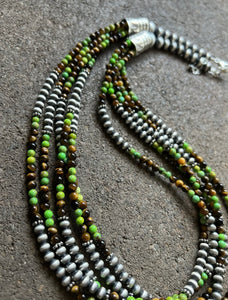 Sterling Silver Multi Strand Green Turquoise Tigers Eye Bead Necklace. 24 inch