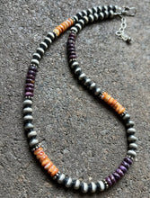Load image into Gallery viewer, Sterling Silver Orange Purple Spiny Oyster W Pearls Bead Necklace 16 inch