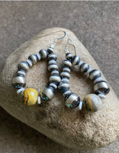 Load image into Gallery viewer, Sterling Silver Bumblebee Jasper W Navajo Pearls Bead Loop Earrings.
