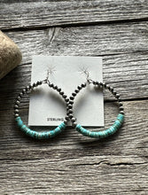 Load image into Gallery viewer, Sterling Silver Heishi Turquoise Oxidized Pearls Bead Hoop Earrings. 2.4 Inch