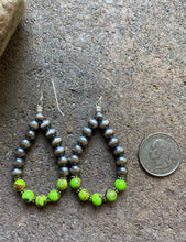 Load image into Gallery viewer, Sterling Silver Green Turquoise W Pearls Bead Loop Earrings.