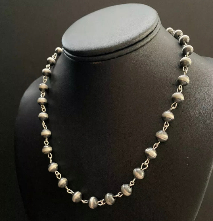 Sterling Silver 8mm Navajo Pearls Rosary Bead Necklace. 28 Inch.